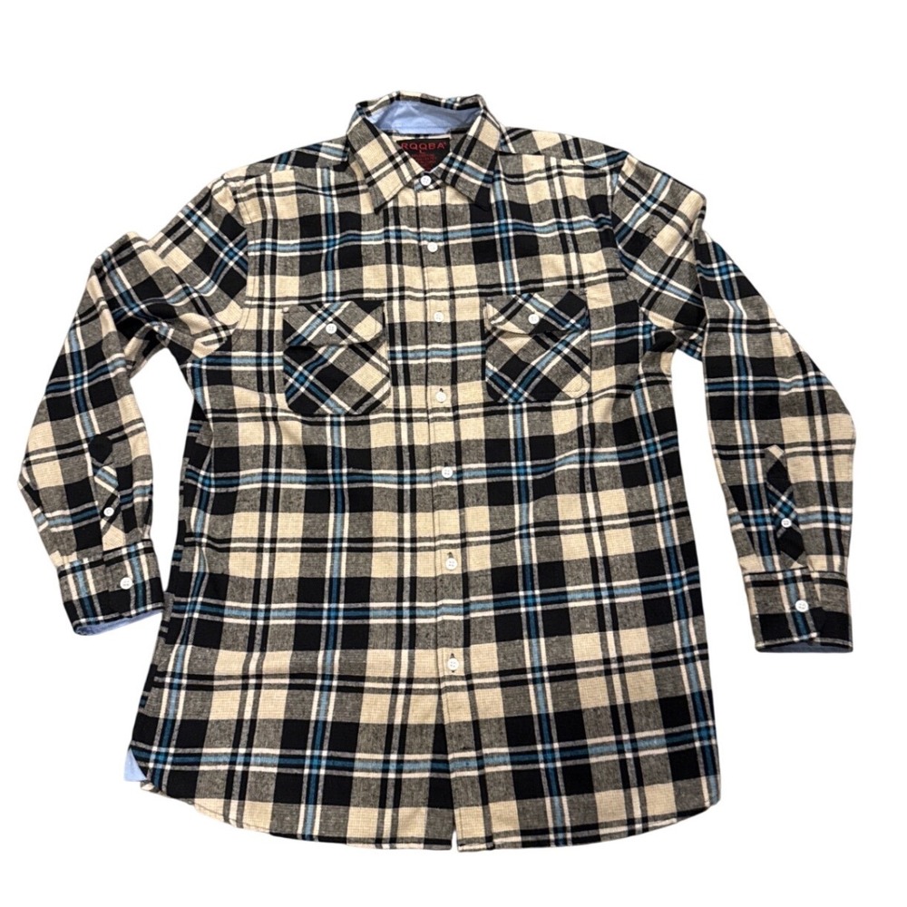 RQQBA Men L Plaid Flannel Style Button Down Shirt Tan Black Blue Grunge Gorpcore